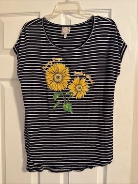 TruSelf Striped Black & White Short-Sleeve Tee with Yellow Sunflower Graphic